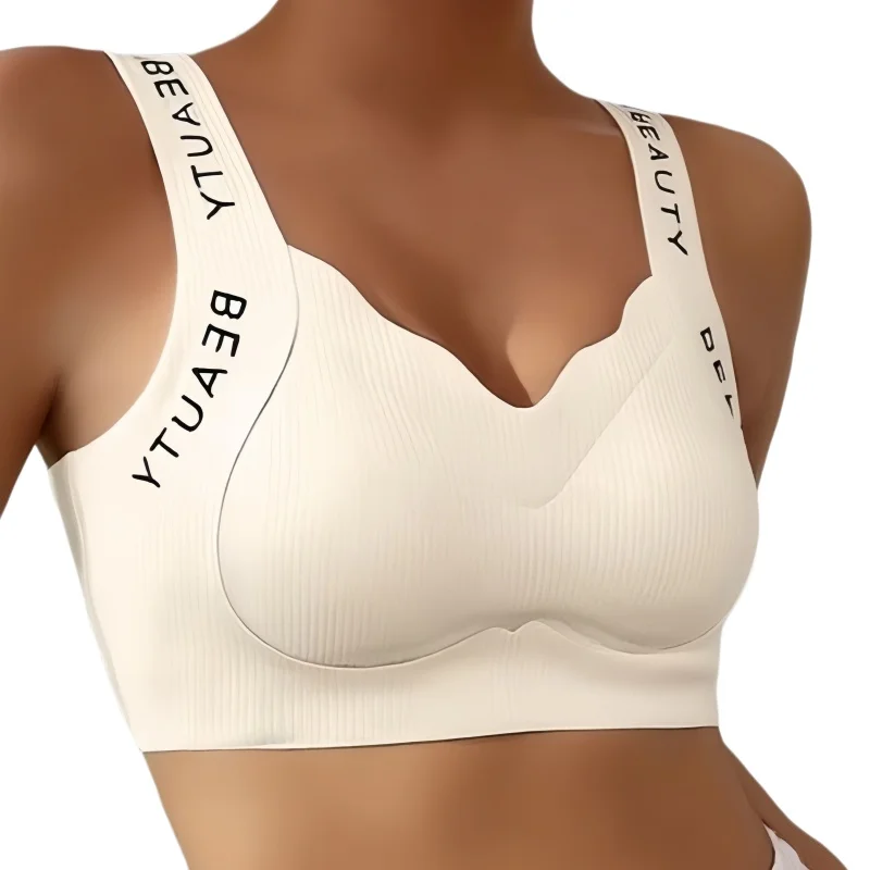 Gerippte BHs, Drahtloser BH für Damen, Nahtlose Unterwäsche, Übergrößen, Wellenförmiger Ausschnitt, Breiter Träger, Buchstabendruck, Stützender Sexy Lingerie, Größen M-3XL – Detail 6