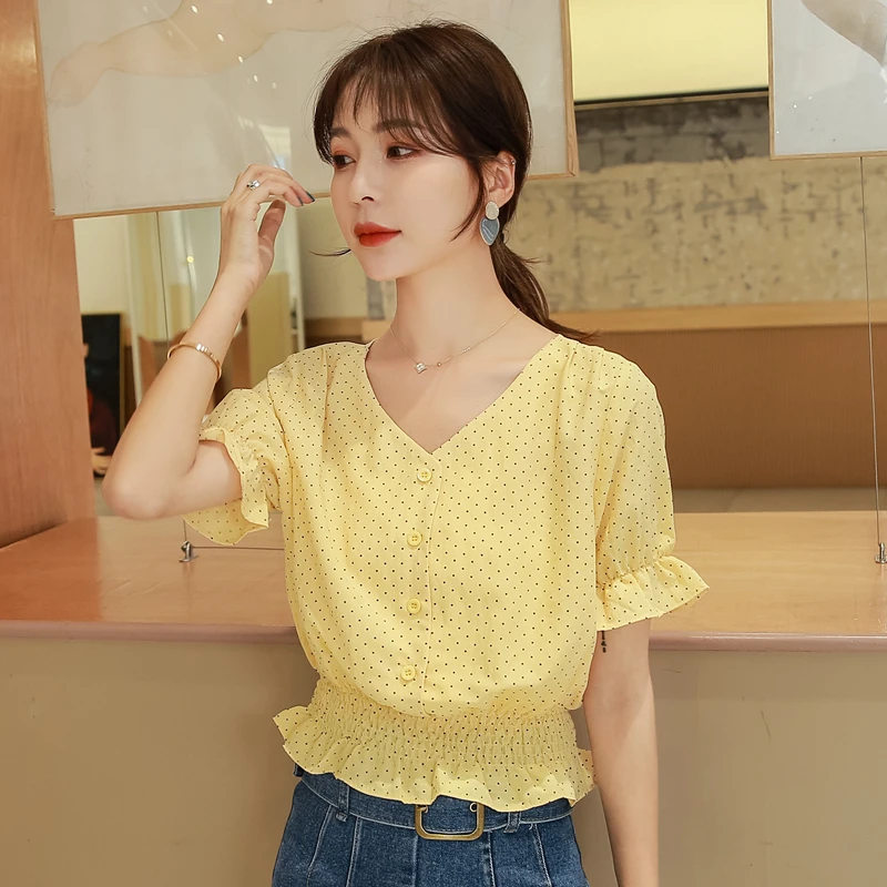 2024 Summer New Women\'s Korean Style V-neck Blouses Top Slim Waist Polka Dots Yellow Chiffon Shirt