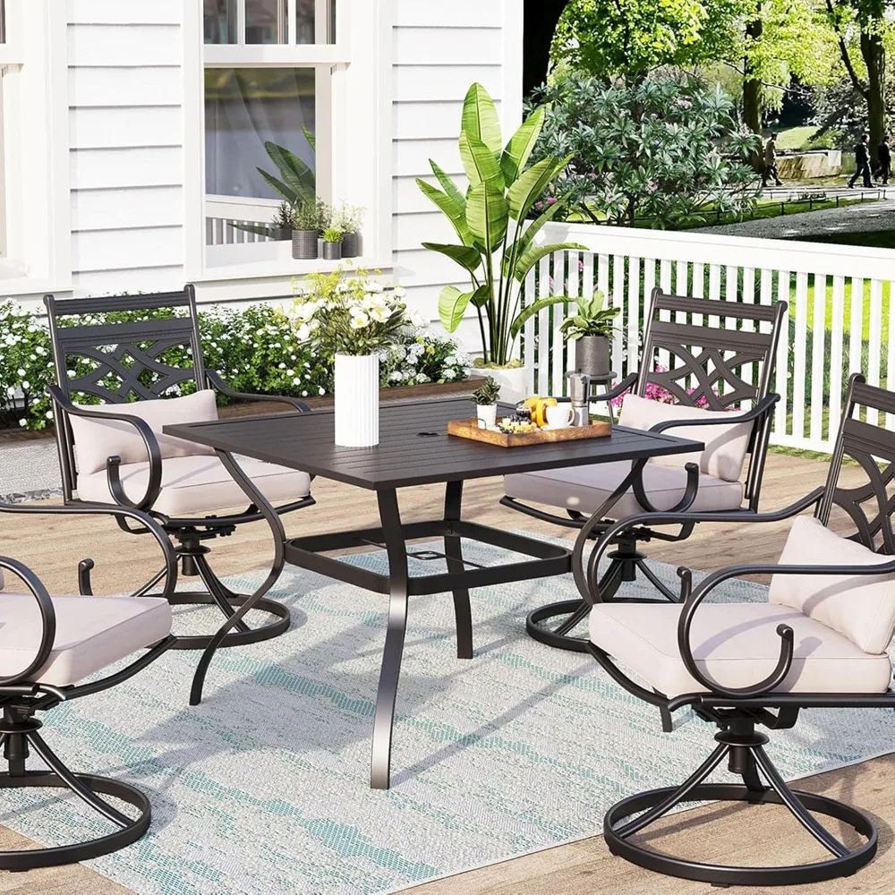 

Metal Steel Slat Patio Dining Table Square Backyard Bistro Table Outdoor Furniture Garden Table, 1.57” Umbrella Hole, Black