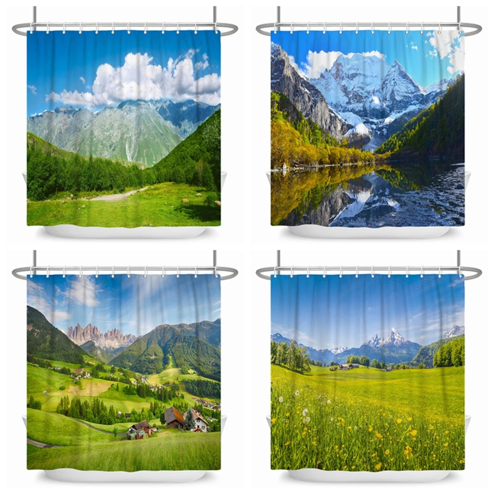 

Blue Sky Grassland Natural Scenery White Clouds Shower Curtain 3D Printing Home Bathroom Decoration Waterproof Curtain with Hook