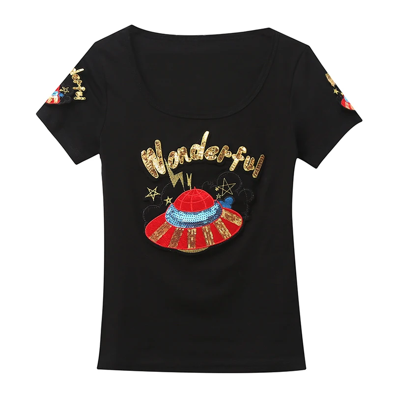 패셔너블한 여성용 티셔츠, 헤비 자수 슬림핏 코튼 베이스 티셔츠, 트렌디한 스트리트웨어, 라운드넥 탑