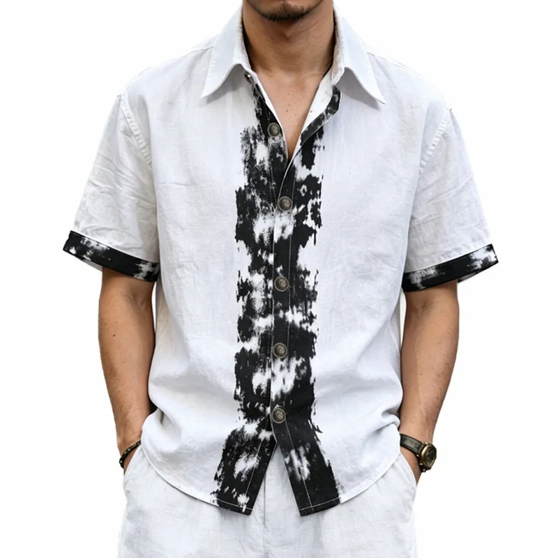 Summer Tie Dye Short Sleeved Shirt For Men American Casual Fashion Simple Retro Loose Male Lapel Single Breasted T-shirt