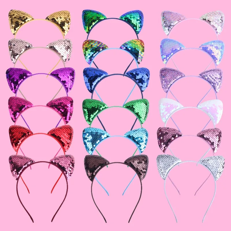 New Children\'s Sequined Explosive Cartoon Sweet Headband Custom Flip Fish Scale Sequin Cat Ear Jewelry Accessories Headwear