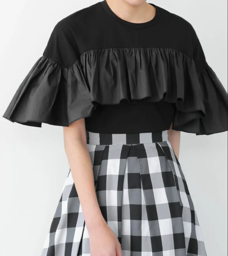 

Japanese Sle Knitted Patchwork Ruffle Sve ort Sve Cotton Casual Top for Women Summer Vintage Design Versatile Loose...