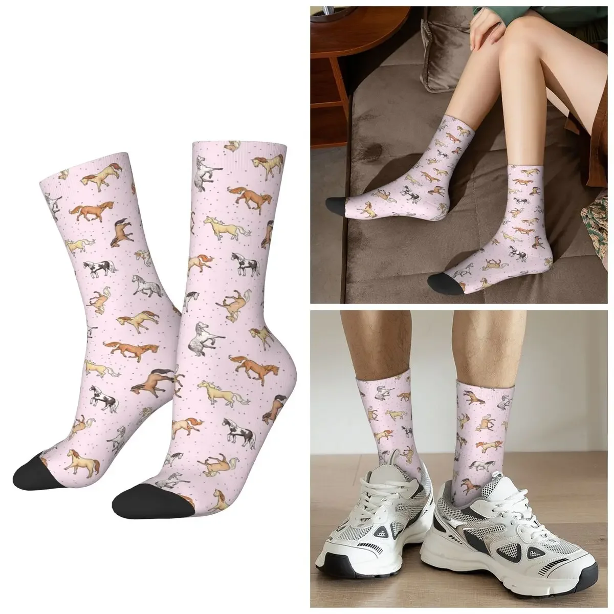 

All Seasons Scattered Horses Spotty On Cherry Blossom Pink Pattern Socks Harajuku Crew Socks Super Soft Stockings Day Gifts
