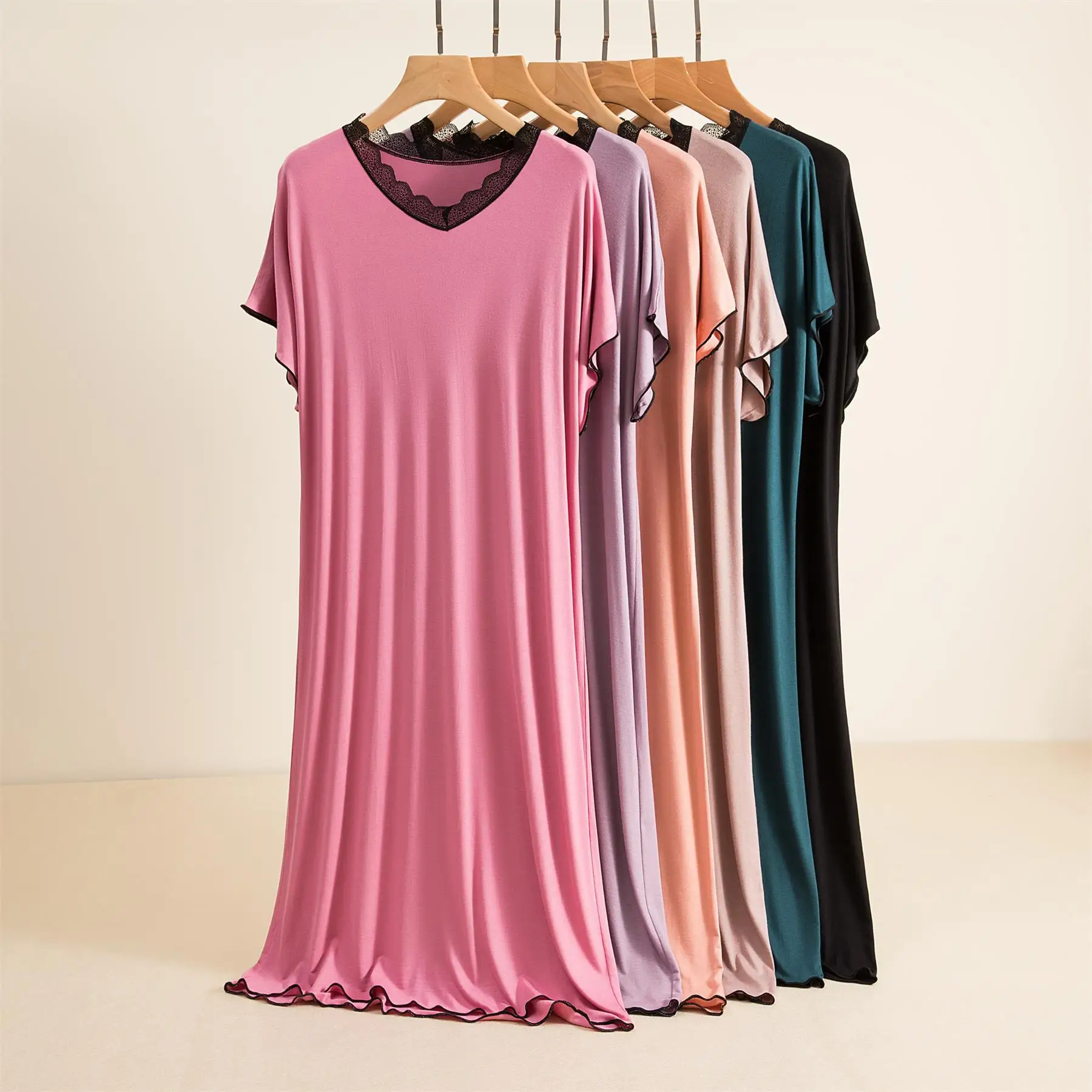 

New Lace Collar Nightgown Summer Women's Night Dress Short Sleeve Sleepwear Home Wear V-neck Nightwear Chemise De Nuit Femme