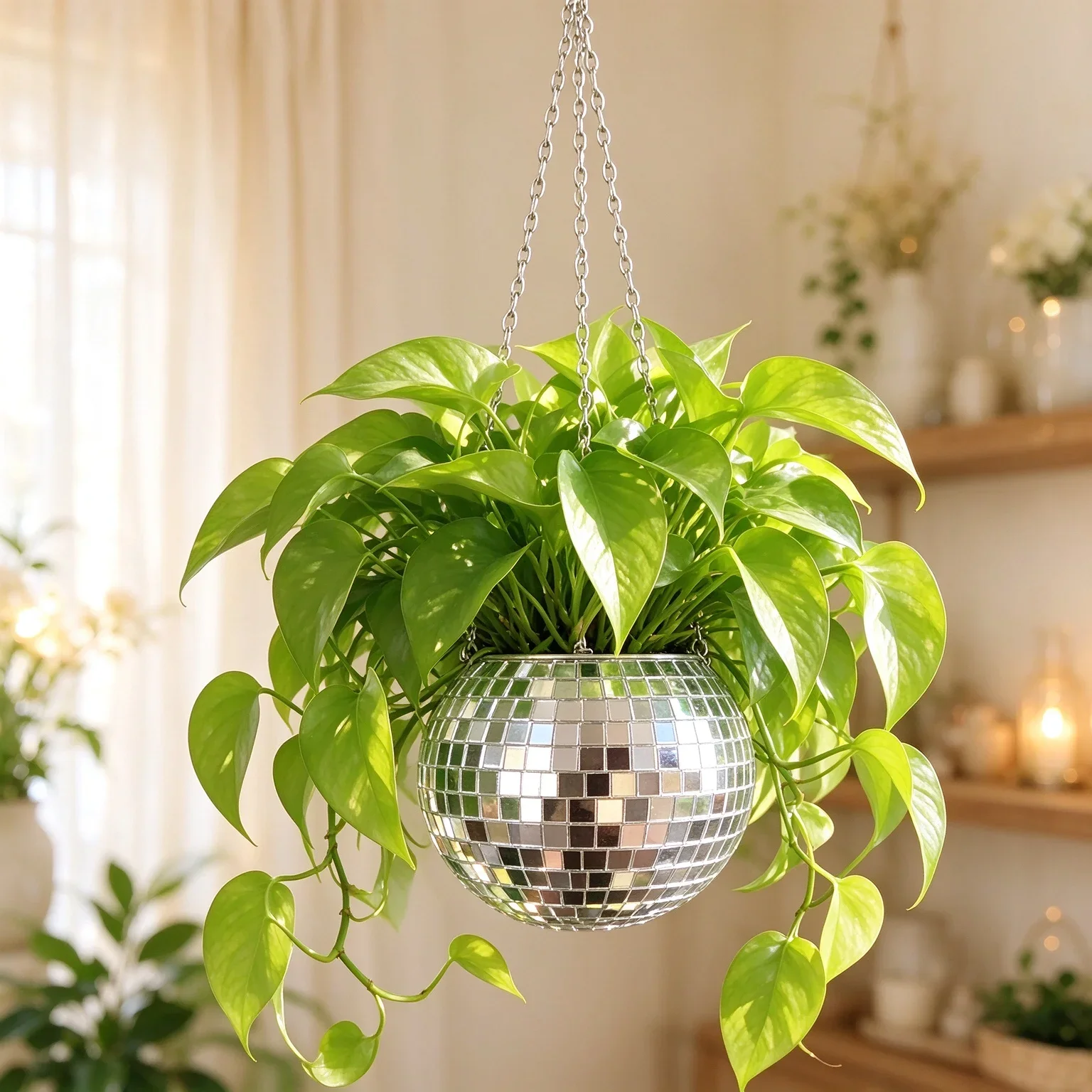 Disco Mirror Ball Hanging Flower Planter Basket Succulent Plant Pot Indoor Home Garden Wall Decor Vase With Wood Ring Chain