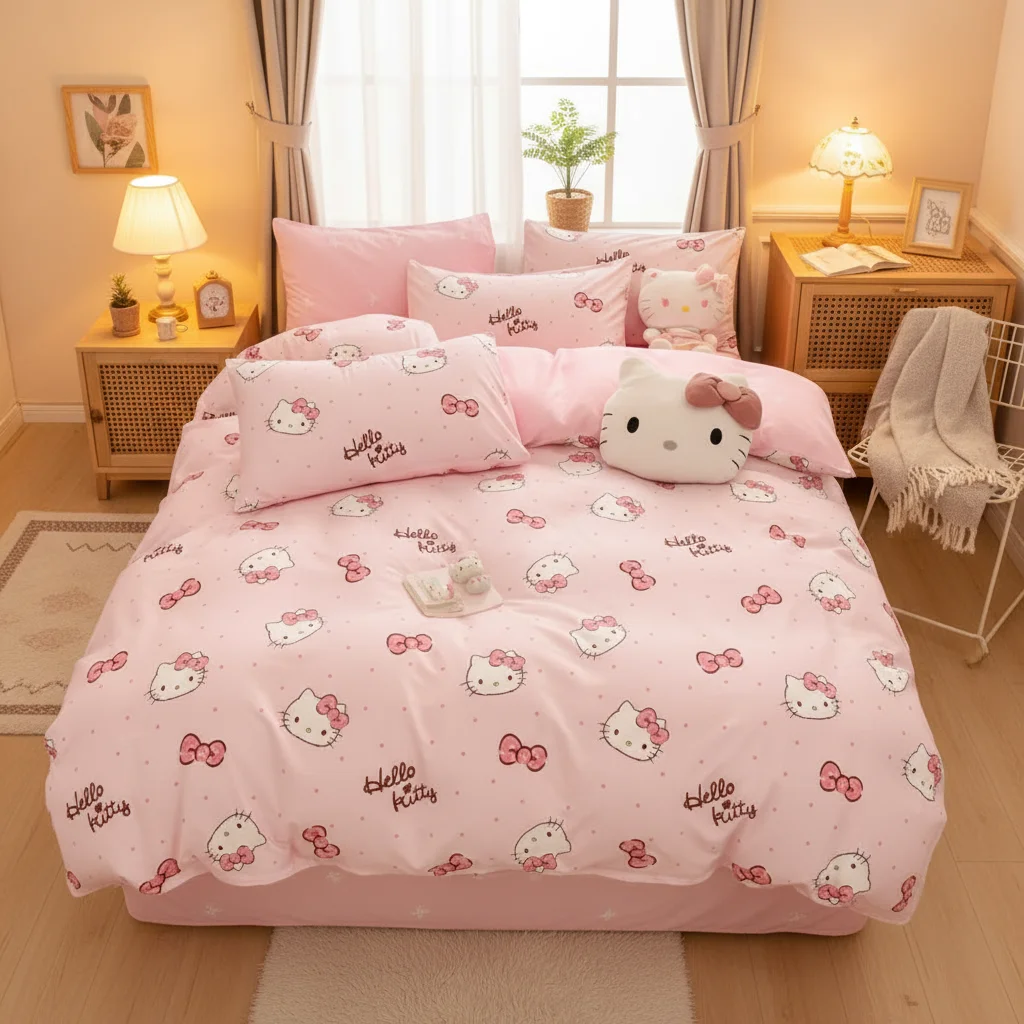 

New Anime H-Hello Kitty Bedding Set Cute Pink Bow Cat Duvet Cover Set For Kid Girl Bed Decor Full Twin Single Size Sanrio Gifts