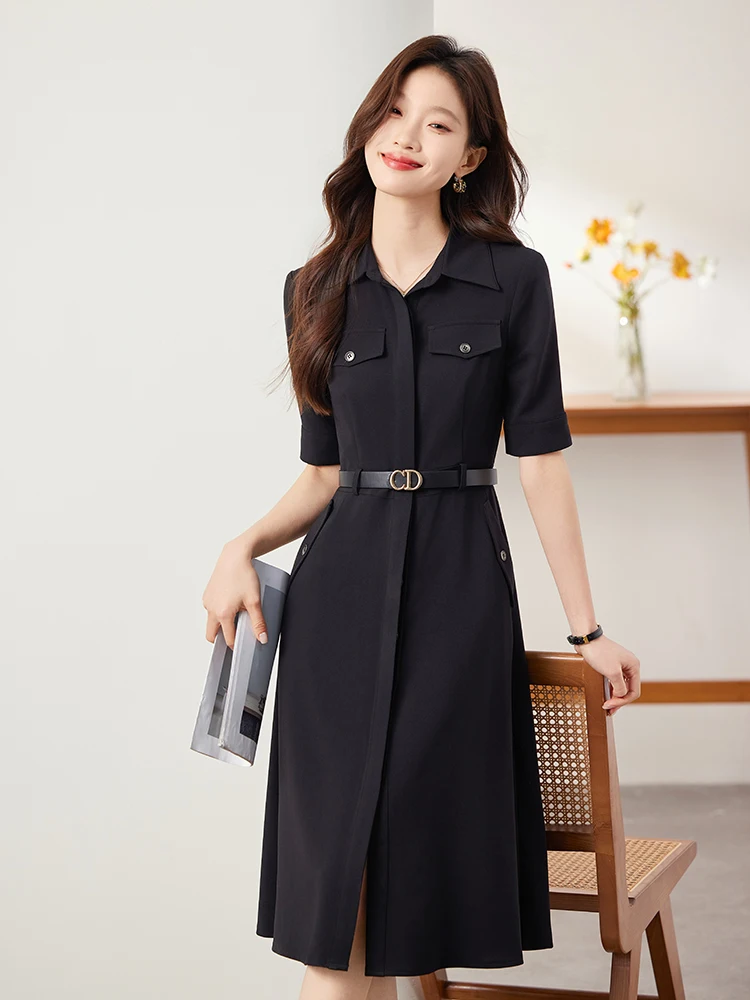 

Элегантное приталенное платье для женщин: летнее, профессиональное, с коротким рукавом, из полиэстера, миди, А-силуэт