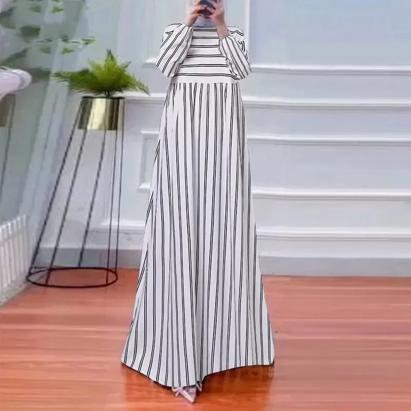 Fashion Women's Maix Dress Autumn Long Sleeve Dubai Türkiye Abaya Headband Dress Stripe