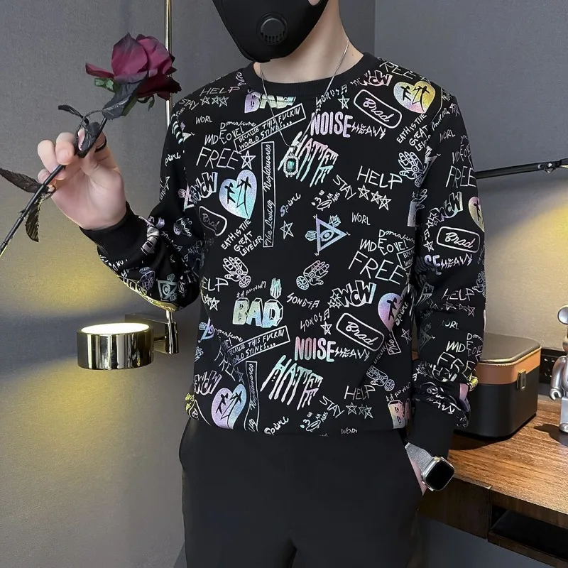 

Мужской пуловер с круглым вырезом в стиле хип-хоп больших размеров, черный хлопковый графический мягкий эстетический дизайнерский забавный роскошный мужской свитшот с эффектом приветствия