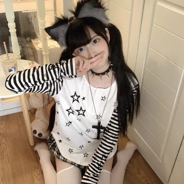 جديد اليابانية فتاة باردة موضة ليتل ستار نمط Harajuku لطيف غير النظامية شريط الربط سليم كم طويل Kawaii تي شيرت أبيض