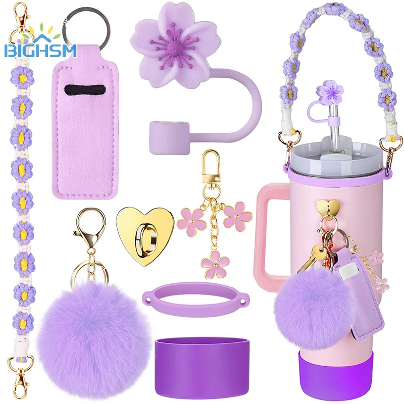 Accesorios para tazas, juego incluye correa para asa de botella de agua, botas de siliocne, funda para lápiz labial, funda con tapa de paja para Stanley, 8 Uds.