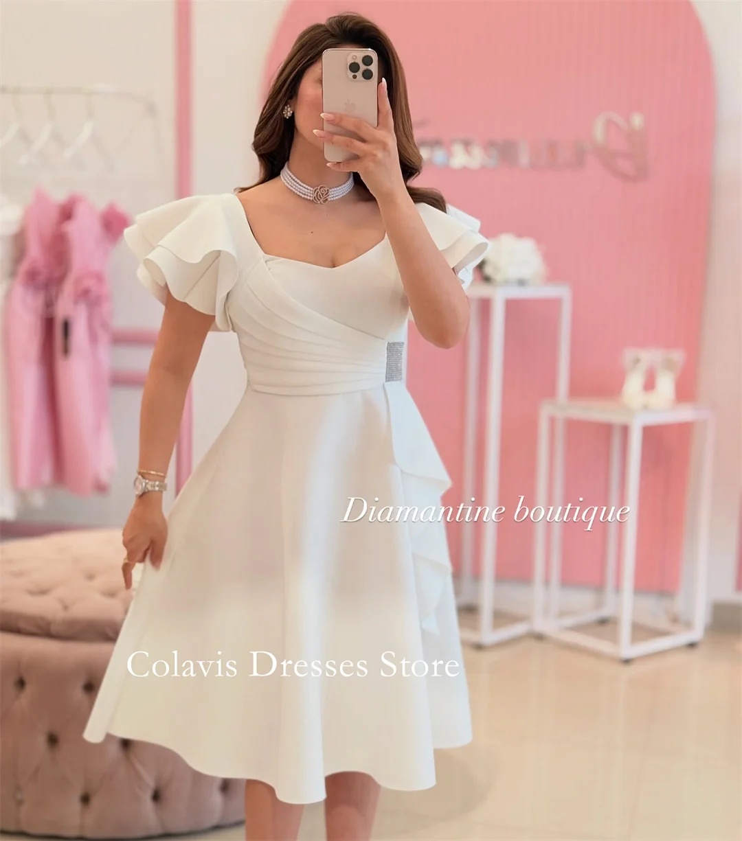 

2025 Square Neck Customized Ivory Prom Dresses Evening Dress Ruched A-Line Knee Length Women Evening Gowns Formal Party Dress