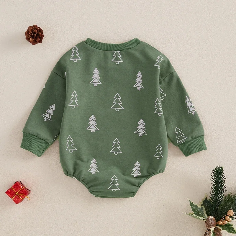 Baby Girl Boy Xmas Romper Christmas Tree Print Crew Neck Long Sleeve Sweatshirt Jumpsuit for Newborn Fall Winter Clothes