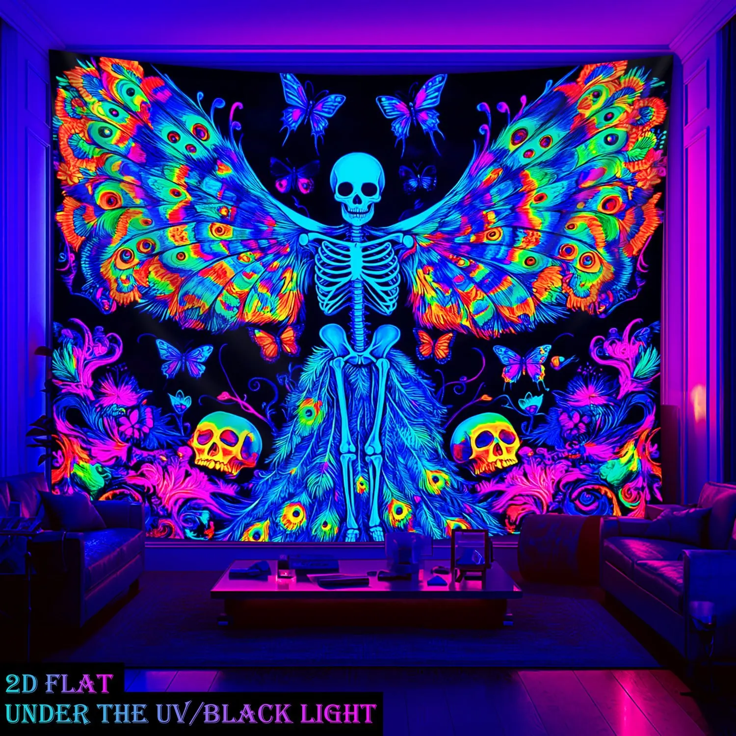 VIKAMA Psychedelic Peacock Skull Tapestry, Black Light Lamp Wall Art for Bedroom Living Room Dorm Decor
