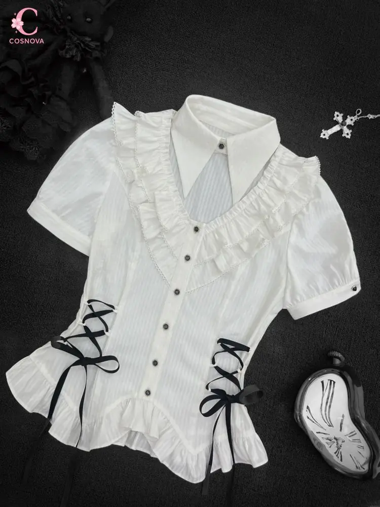 

Gothic Japanese Y2K Dark Subculture 2 Pieces Set Women Ruffle Lace Up Blouse Striped Cake Mini Skirt Vintage Streetwear Outfit