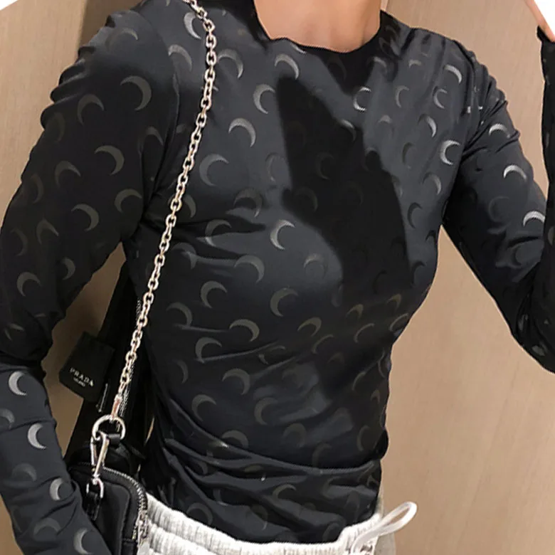Moon Print Long Sleeve Base Shirt Women's Fashion Commute Style Slim Fit T-Shirt Inner Wear Outer Wear Black Spring Summer