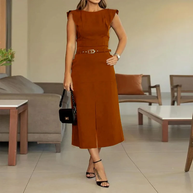 Wefads Two Piece Suit Summer 2024 Women Casual V Neck Solid Round Neck Sleeveless Backless Top With Belt Slit Long Skirt Sets