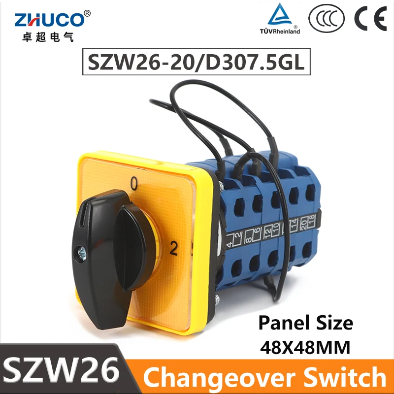 

ZHUCO SZW26/LW26-20 D307.5GL 20A 5 Poles Equipment Transfer Manual Selector 3 Positions 1-0-2 Cam Switch 48x48mm Yellow Panel