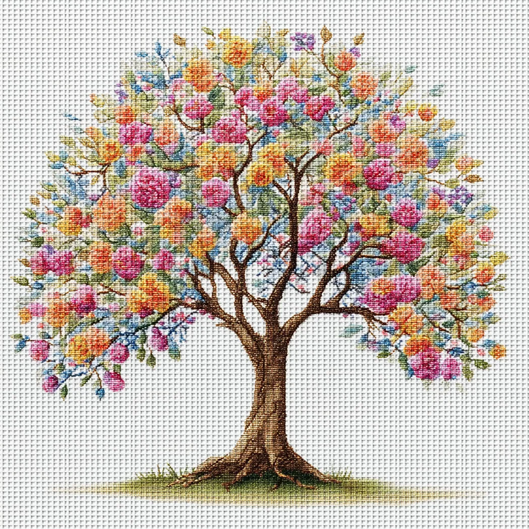Color Flowering Tree Cross Stitch Kit DIY 11CT Embroidery Home Wall Decor Gift Handmade Material Frameless Semi-Finished 36×36cm