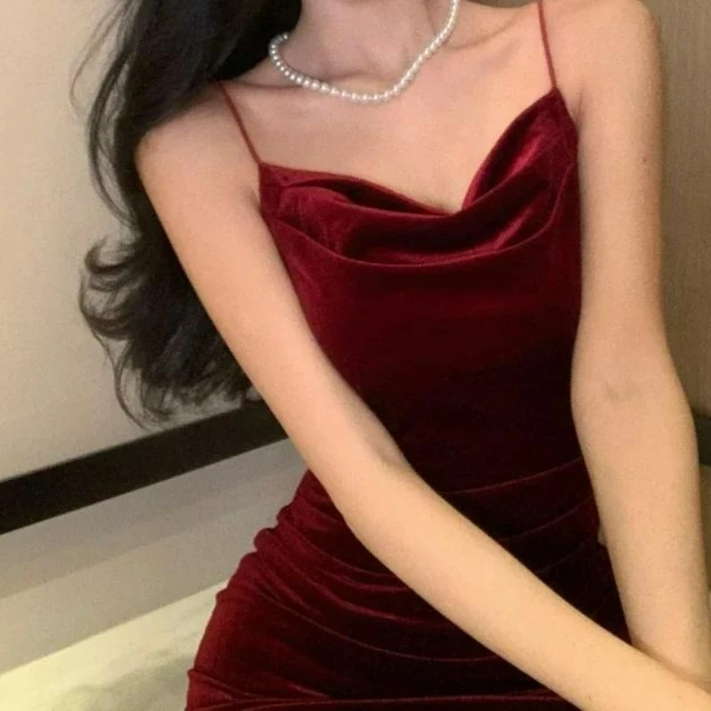 خمر مثير نادي حفلة موسيقية فساتين حمراء للنساء السباغيتي حزام شق المخملية فستان الشاطئ ضمادة Bodycon ميدي فستان حفلة أنيقة #4