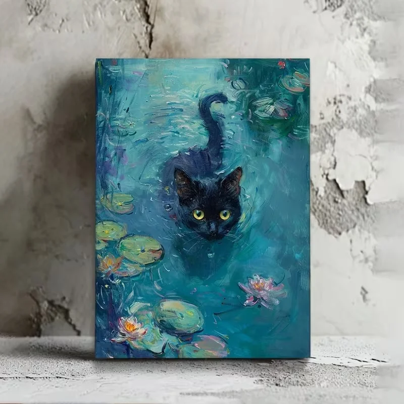 Canvas Painting Impressionist Black Cat In Water Lily Pond Canvas Poster HD Eco‑solvent Printed Unframed Wall Art Picture Vin