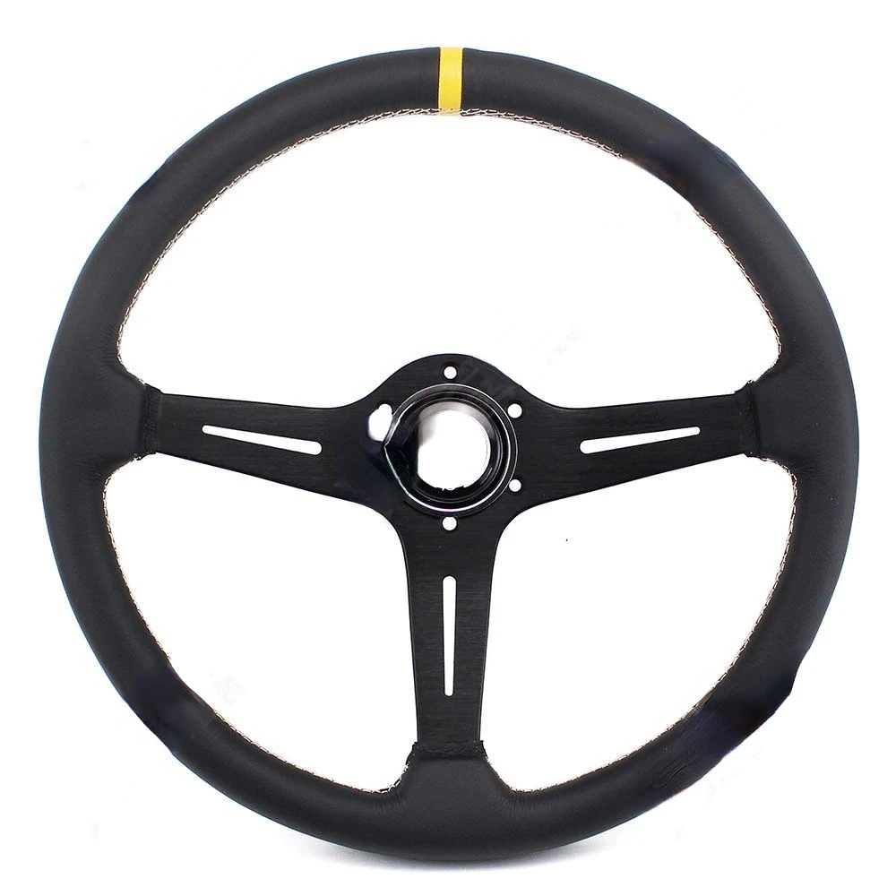 Car modified steering wheel 15-inch ND racing car leather steering wheel, black perforated leather concave frame universal