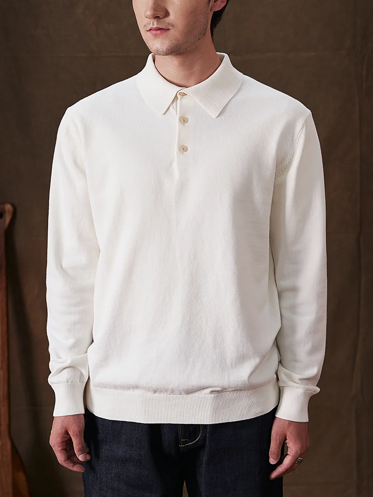 

American Retro Pure Cotton Heavyweight Long Sve Knitted irt Men's Casual Slim Fit Turn-down Collar Base irt