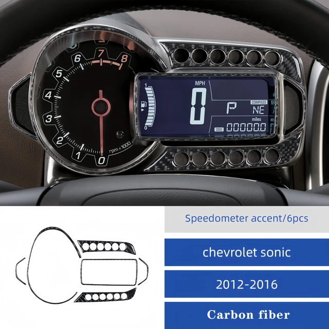 Dla Chevrolet Sonic 2012-2016 akcesoria wnętrze samochodu z włókna węglowego Instrument prędkościomierz rama surround pokrywa tapicerka zestaw naklejek