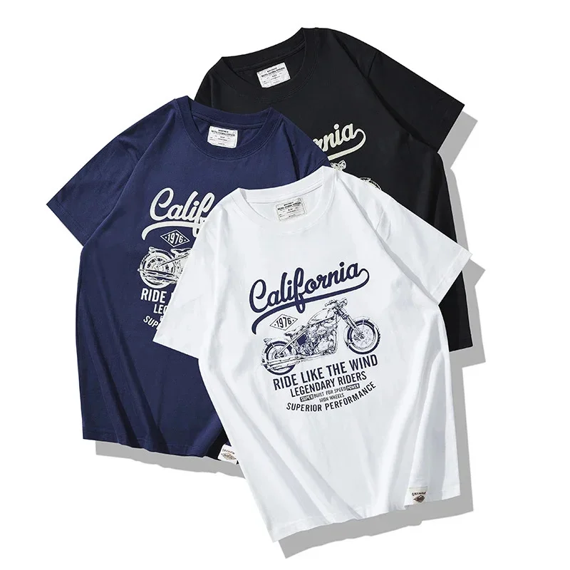 

White Letter Motorcycle Print T Shirt Men Spring Summer Cotton Round Neck Short Sleeve Tshirt Puls Size Casual Streetwear Tops