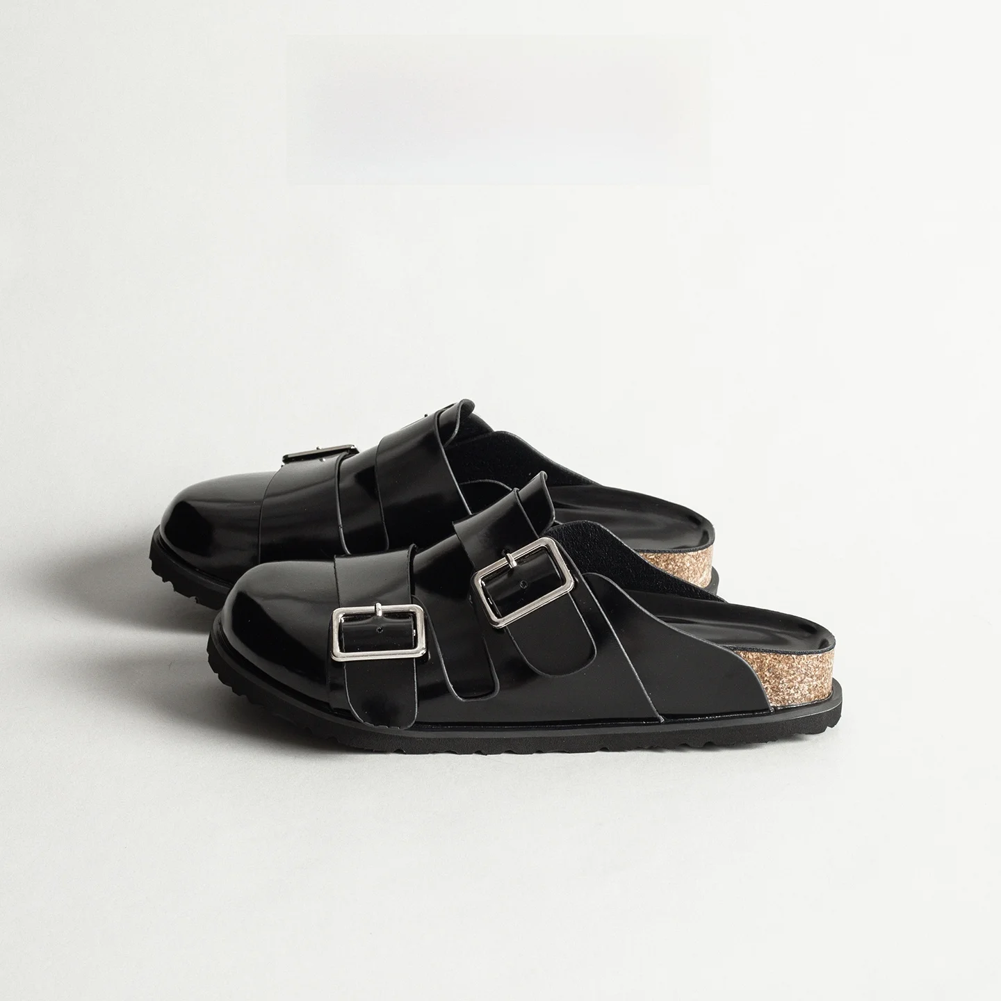 

Black Genuine Leather Slip-On Women's Sandals Double Buckle Toe Covering Summer New Style Retro Woven Rope mid Heel Thick Bottom