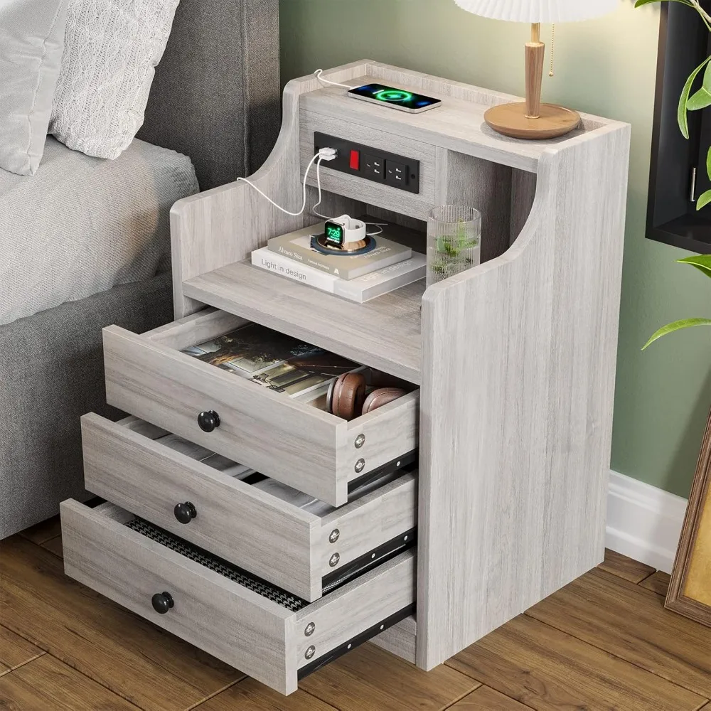 Nightstand with Charging Station, Night Stand with Hutch & Storage Drawers, End Table Side Table Bedroom, Customized - view 6