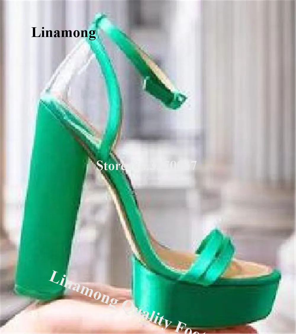 

PVC Patchwork Satin Chunky Heel Sandals Linamong Green Purple Yellow High Platform Transparent Thick Heel Dress Shoes Party Heel