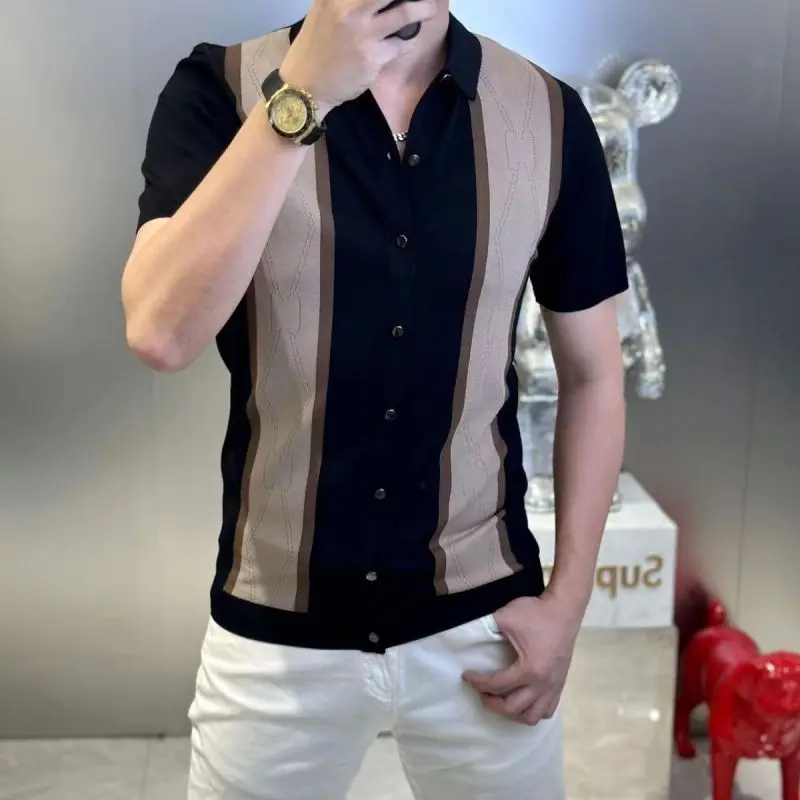 2024 New Summer European High End Fashion Trend Light Luxury Simple Flip Collar Button Colored Short Sleeve Polo Shirt for Men