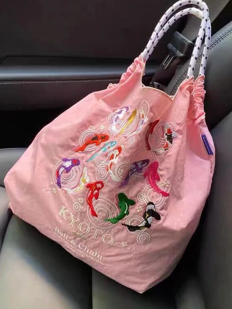 대용량 나일론 쇼핑백 볼체인 친환경 가방 여성 숄더백 자수 소프트 폴리에스터 안감 접이식 크로스백