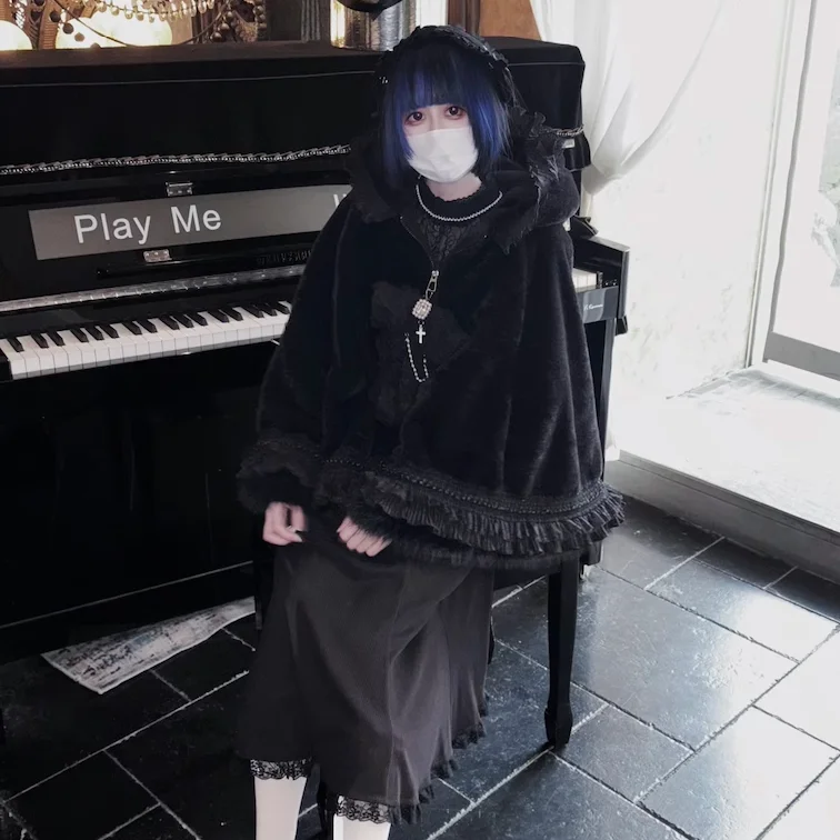 اليابانية الأصلي الخريف الشتاء رشاقته الصوف عباءة معطف ثقافة فرعية الصليب الماس الخرز القوس فضفاض المرأة مقنعين معطف الرأس #5