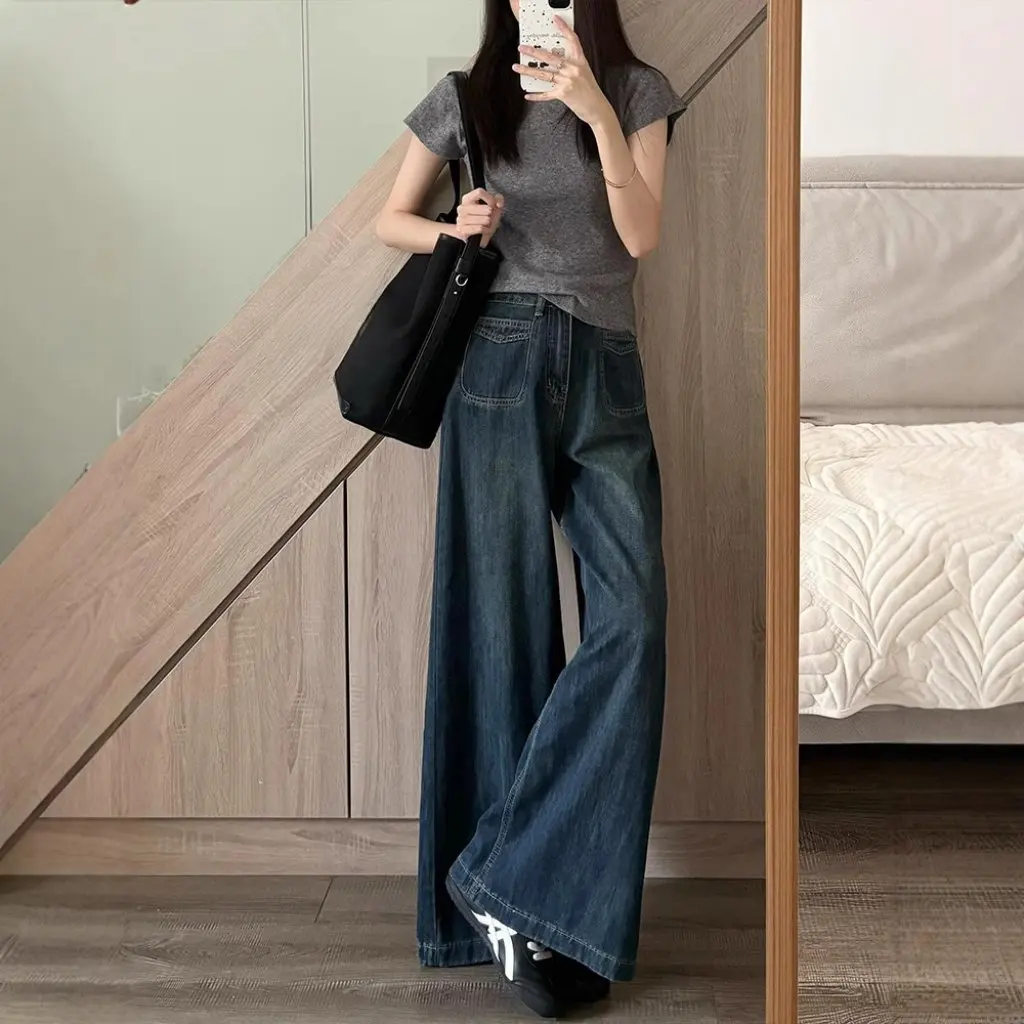 

Женские темно-синие широкие джинсы с высокой талией в стиле ретро, американский стиль, утягивающие свободные брюки длиной до пола на раннюю осень