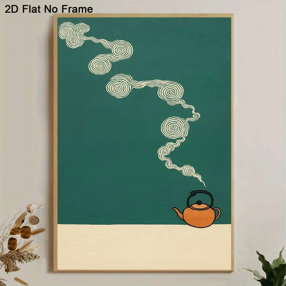 2D Flat, 2D Flat, A 2D Flat, Single Piece Frameless Canvas Featuring an Illustration of a Steaming Teapot Surrounded by Swirl