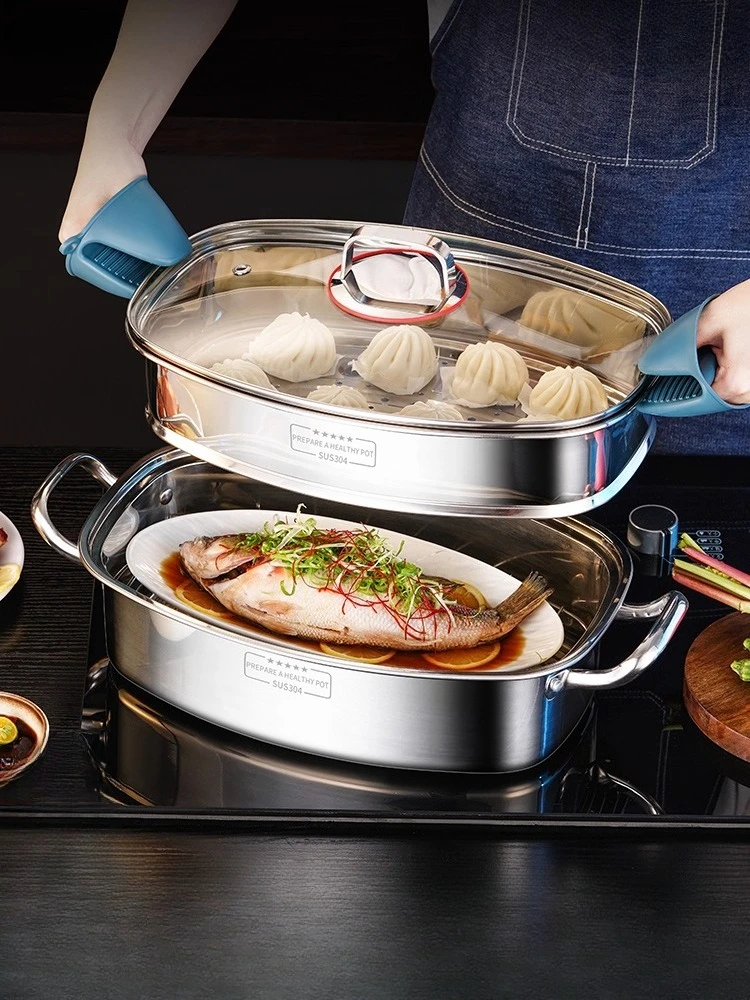 

Двойной котел 38 см, овальная паровая кастрюля для рыбы, пароварка для рисовой лапши, пароварка из нержавеющей стали, бытовая техника, пароварка