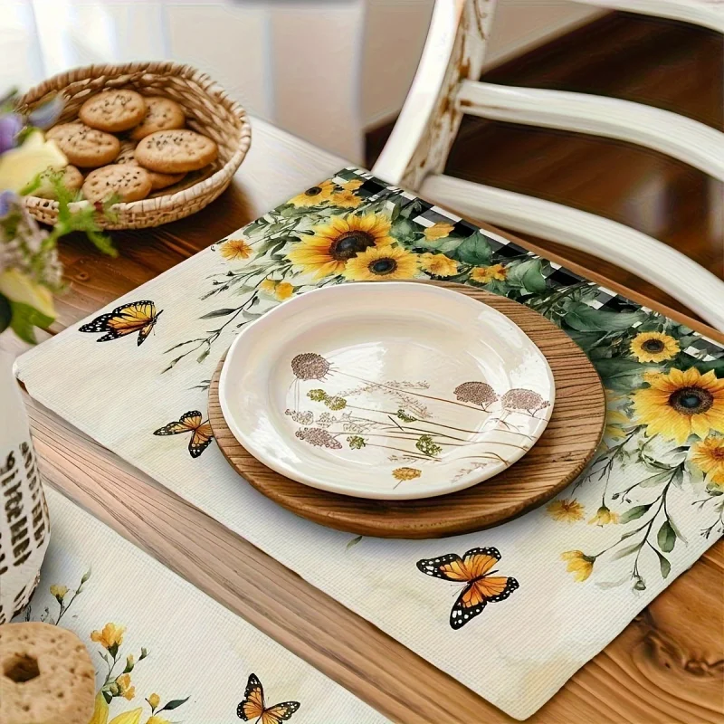 VIKAMA 4-Piece Dining Table Decor Sunflower & Butterfly Placemats Set Machine Washable & Dishwasher Safe for Kitchen And Party