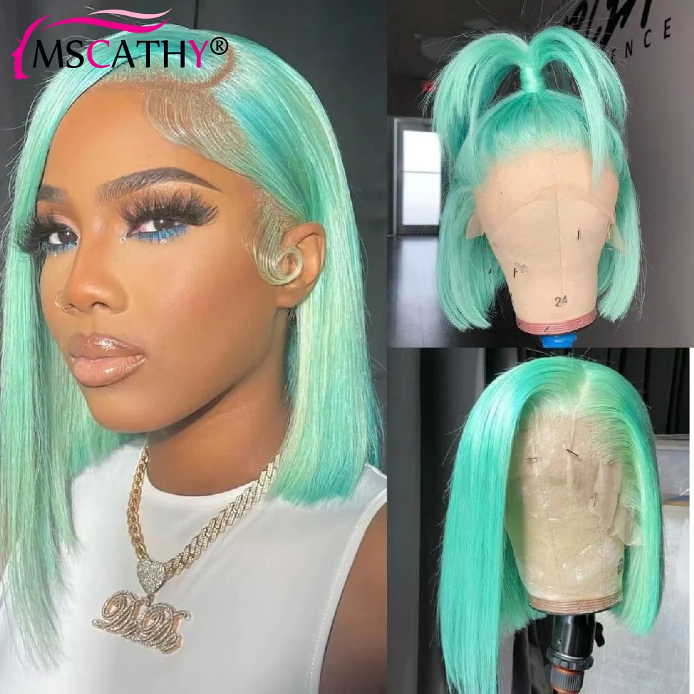 

Mint Green 13x4 Straight Lace Frontal Human Hair Brazilian 100% Real Hair Short Bob Wig For Women 180% Density Straight Bob Wigs