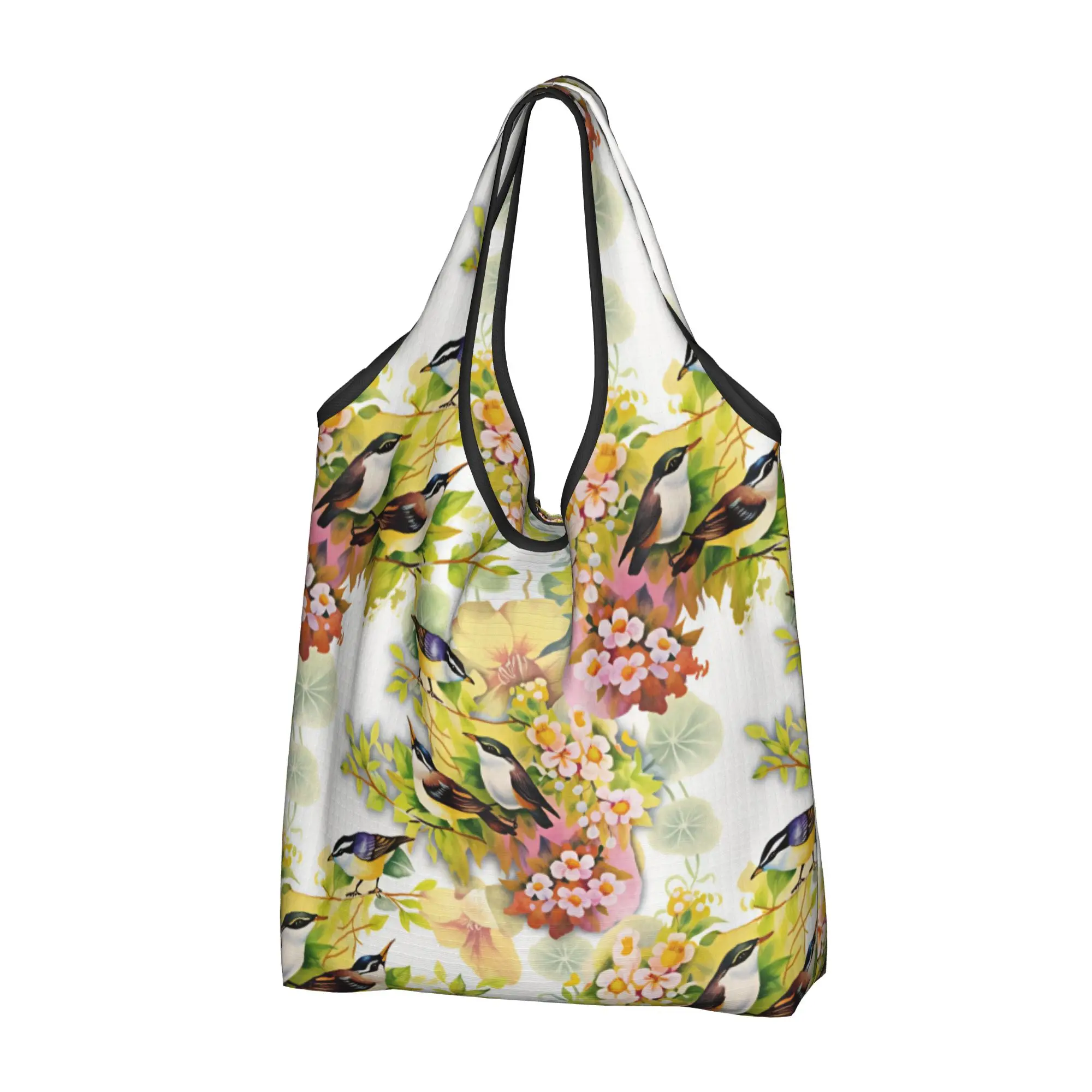 Reusable High Watercolor Birds And Plant Flowers Shopping Bag Women Tote Bag Portable  Groceries Shopper Bags