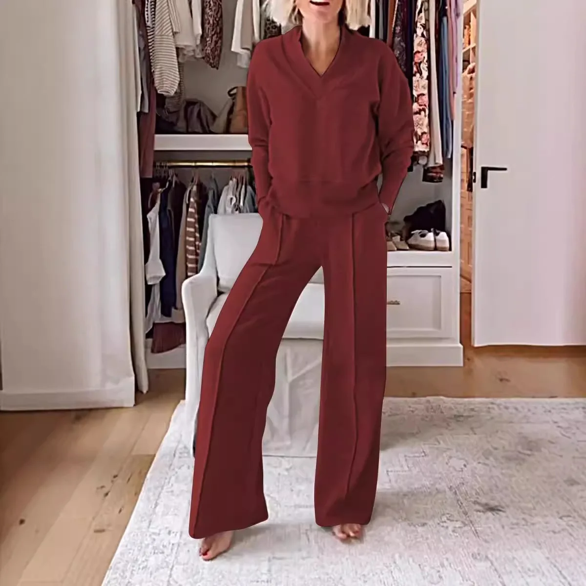 편안한 매칭 라운지웨어 세트, 오버사이즈 V넥 트윈셋, 릴렉스드 롱 슬리브 탑 앙상블, 와이드 레그 팬츠 투피스