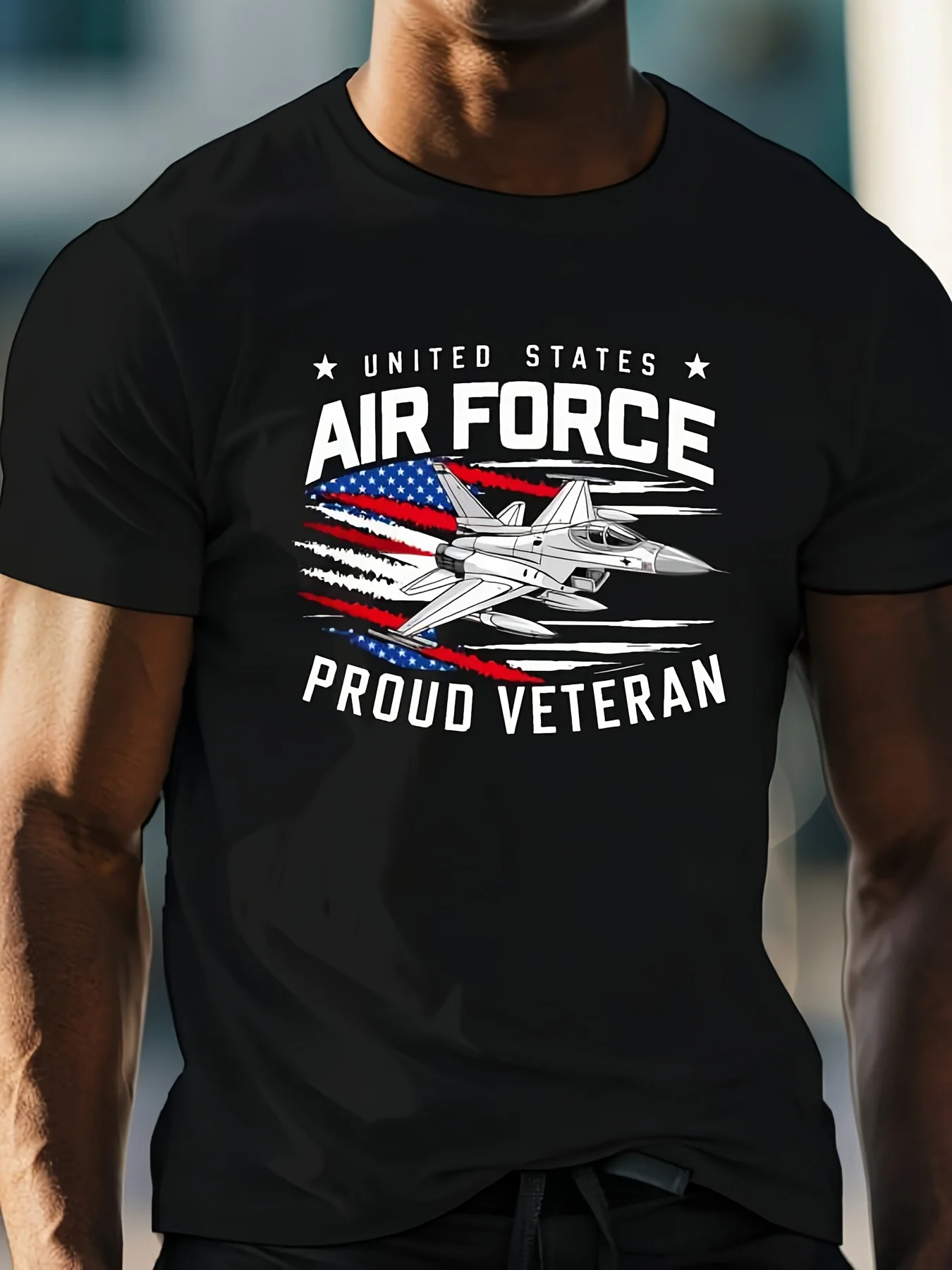 Plus Size Men's Black Usaf Patriotic Print T-Shirt - American Pride Veteran Design, Regular Fit Short Sleeve Casual T-Shirt, Suitable for Tall Body Types, Comfortable for All Seasons, Machine Washable, Durable Fabric, Party, Beach & Sports, Outdoor Apparel, All-Season Casual Wear, Glossy Finish, Plus Size