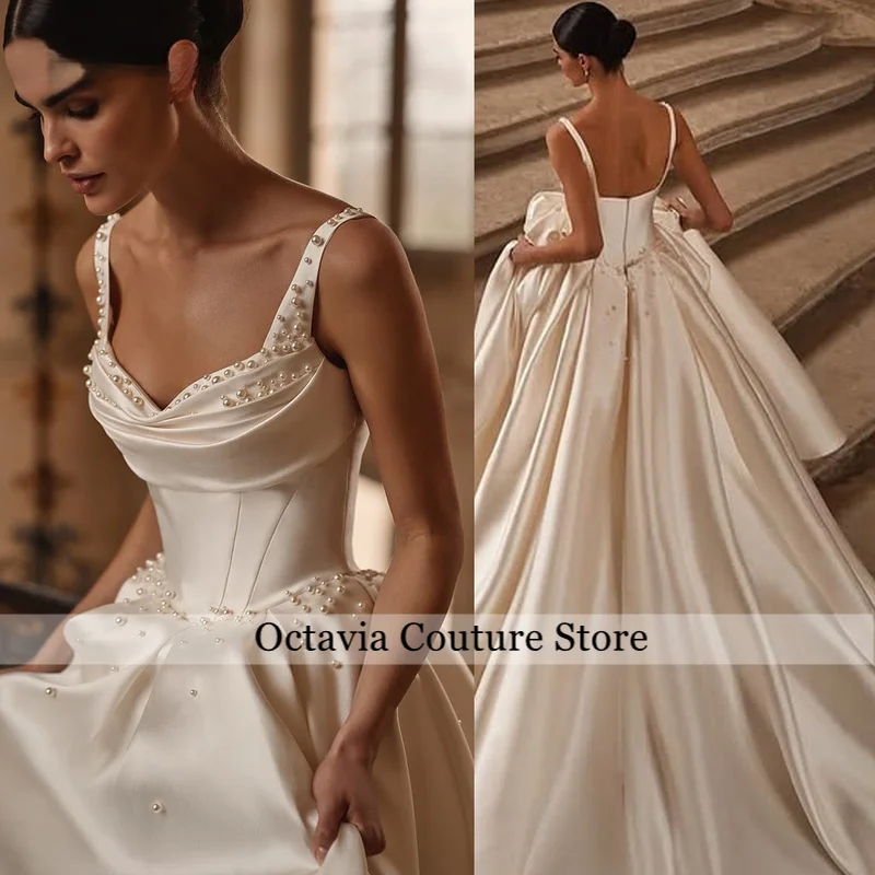 

Pearls A-line Wedding Dresses Spaghetti Straps Bride Gown Backless Bride Dresses Bridal Dress Vestidos Custo