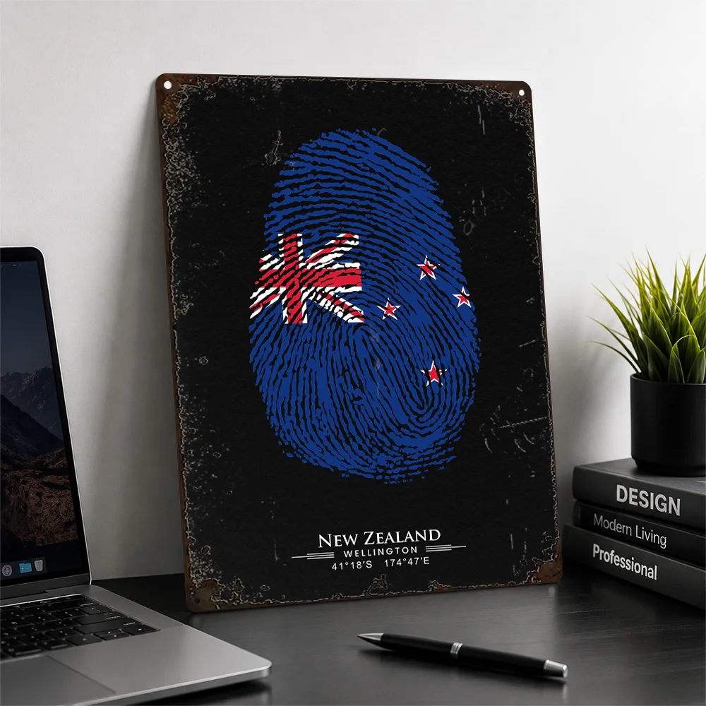 New Zealand Flag Fingerprint Printed Poster Graphic Wall Art For Home Office Personalized Aluminum Metal Sign Geography Fan Gift