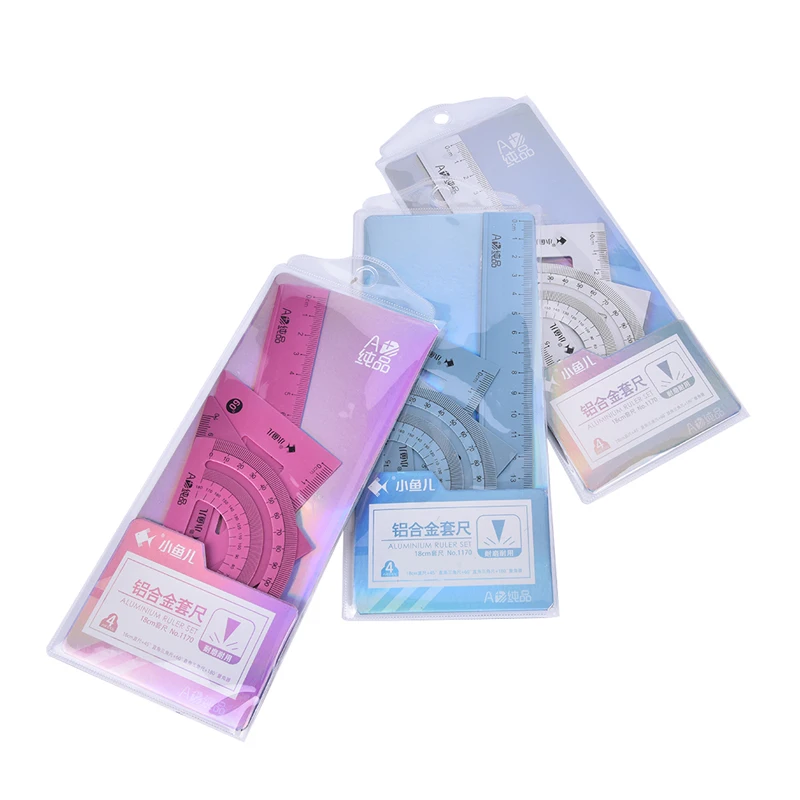 4Pcs/Set Aluminium Ruler Set Metal Geometry Maths Drawing Compass Rulers School