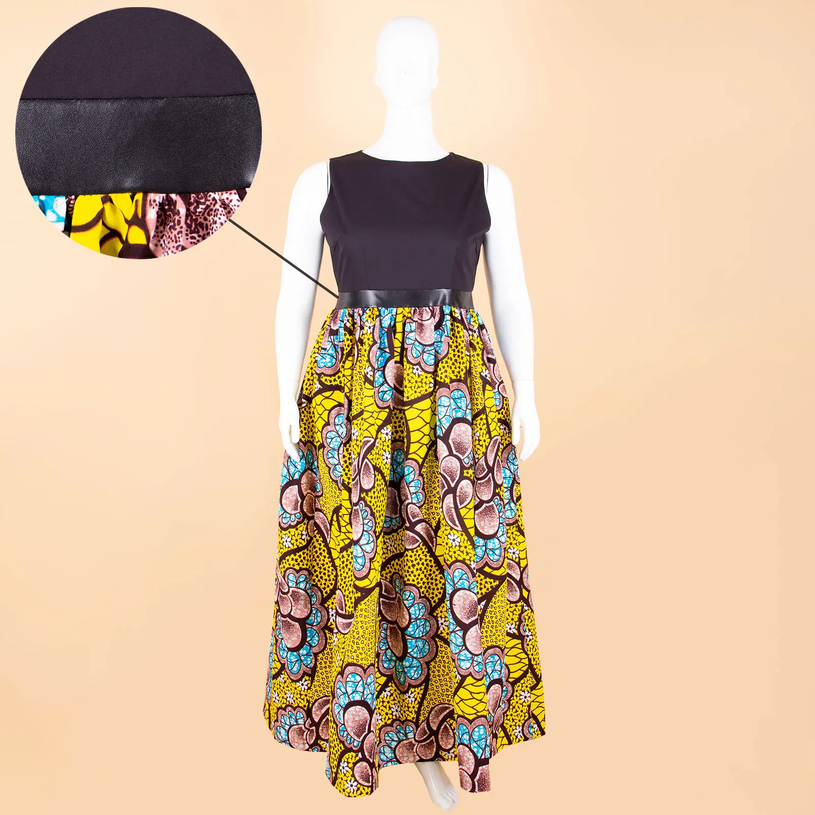 African Women's Plus Size Sleeveless Dress Vintage Patchwork Ankara Printed Cotton Loose Belt with Accessories Dress A2225136