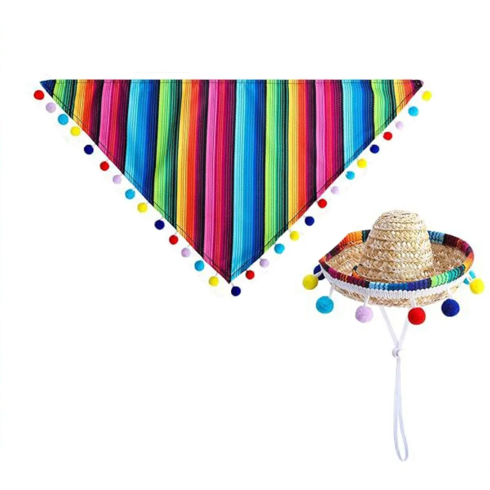 

Fashion Adjustable Pet Hat Scarf Mexican Style with Glasses Striped Pet Triangle Scarf Multicolor Dog Bandanas Party